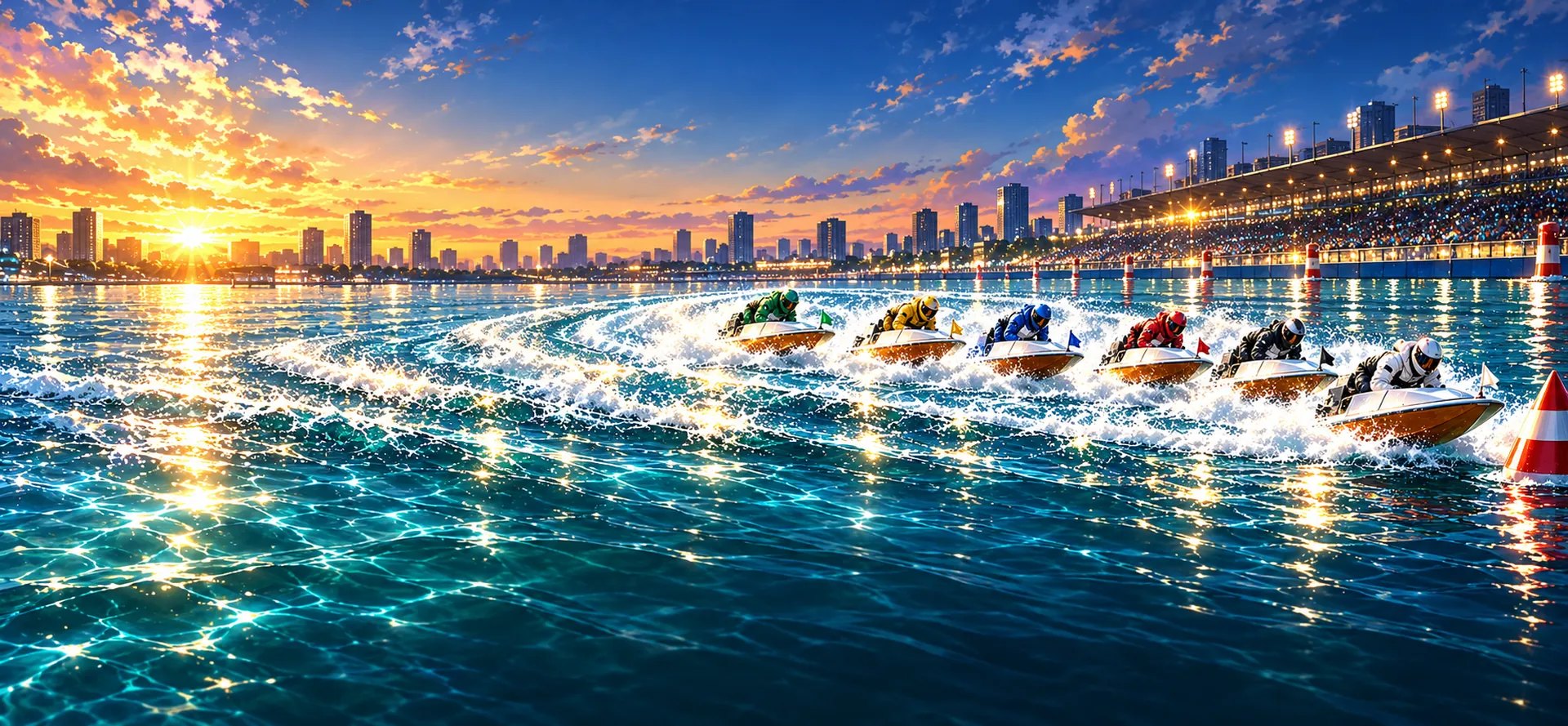 夕暮れの水面を6艇が並んで走るゲーム画面